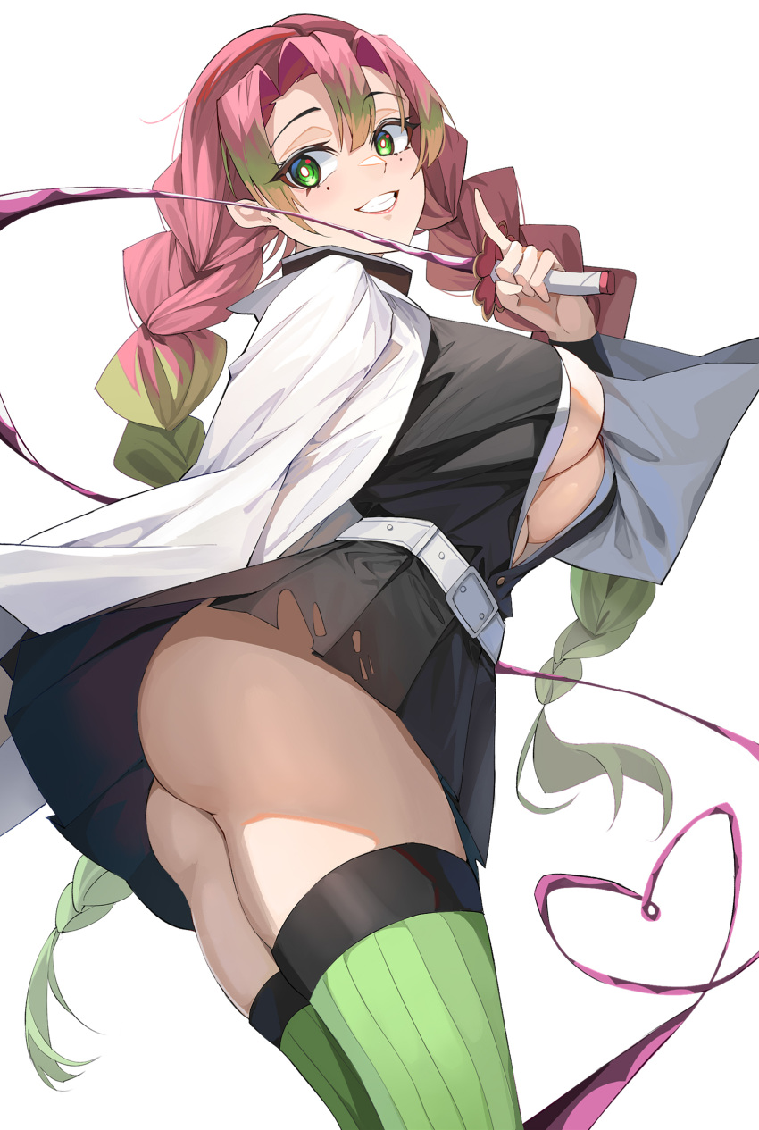 1girl absurdres ass belt breasts demon_slayer_uniform from_side green_eyes green_thighhighs grin highres holding holding_sword holding_weapon index_finger_raised kanroji_mitsuri kimetsu_no_yaiba large_breasts lips mole mole_under_eye pink_hair simple_background skirt smile solo soranoki sword teeth thighhighs torn_clothes torn_skirt upskirt weapon whip_sword white_background white_belt