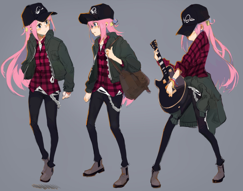 1girl alternate_costume baseball_cap black_headwear blue_eyes bocchi_the_rock! boots brown_footwear cable_tie chain cube_hair_ornament eccomicco electric_guitar gibson_les_paul gotoh_hitori green_jacket grey_background guitar hair_ornament hat highres holding_guitar instrument jacket kessoku_band_logo long_hair long_sleeves multiple_views music one_side_up open_clothes open_jacket pink_hair plaid plaid_shirt playing_instrument shirt side_ahoge skinny_jeans solo