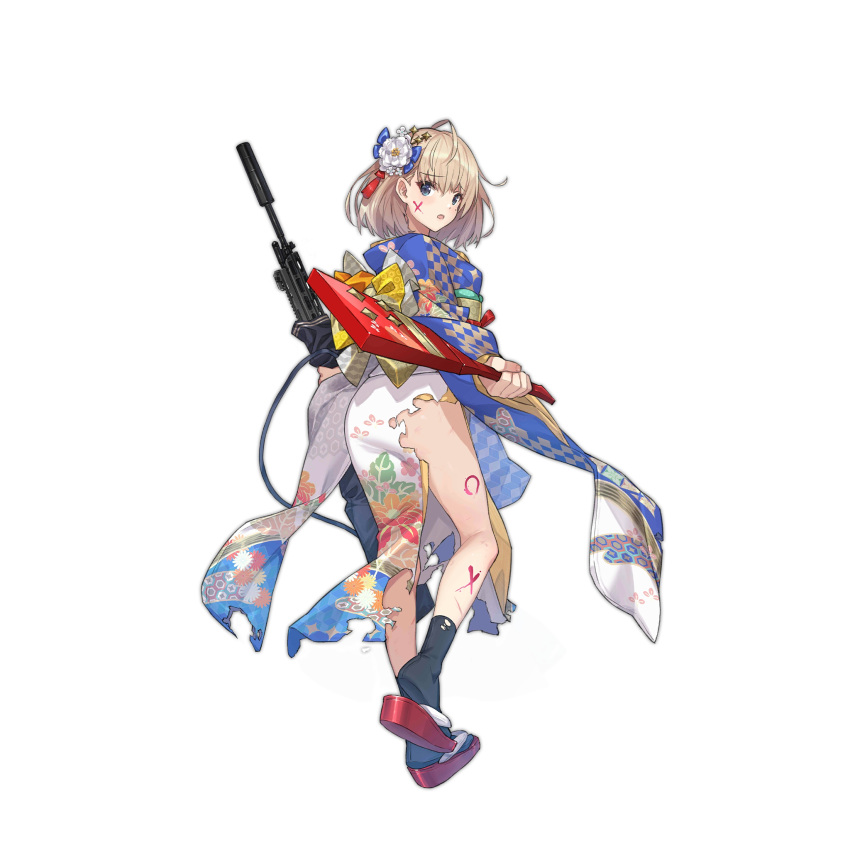 1girl acr_(girls'_frontline) acr_(ultramarine_fragrance)_(girls'_frontline) adaptive_combat_rifle ahoge ass assault_rifle black_socks blonde_hair blue_eyes blue_kimono blush body_writing floral_print flower from_behind full_body girls'_frontline gun hagoita hair_flower hair_ornament highres holding holding_gun holding_weapon japanese_clothes kimono looking_at_viewer looking_back mole mole_under_eye obi official_alternate_costume official_art open_mouth paddle red_footwear rifle saitou_masatsugu sandals sash short_hair simple_background socks solo standing standing_on_one_leg tabi torn_clothes torn_kimono torn_socks transparent_background two-tone_kimono weapon weapon_case white_kimono