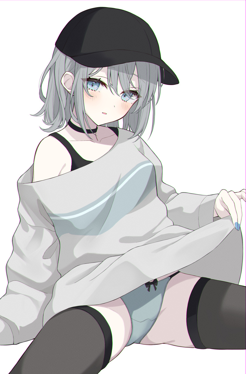 1girl absurdres baseball_cap black_choker black_headwear black_thighhighs blue_eyes blue_nails blush choker clothes_lift commentary_request grey_hair hat highres kake_udon lifted_by_self long_sleeves looking_at_viewer no_pants off-shoulder_sweater off_shoulder open_mouth original panties partial_commentary short_hair simple_background sitting spread_legs sweater thighhighs underwear white_background