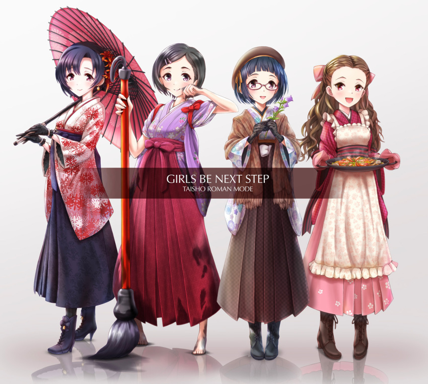 4girls :d barefoot black_footwear black_gloves black_hair blunt_bangs brown_dress brown_footwear brown_hair dirty dirty_clothes dress floral_print flower gloves hair_flower hair_ornament hairclip hakama hand_up haua high_heels highres idolmaster idolmaster_cinderella_girls ink_stain japanese_clothes kimono matsuo_chizuru multiple_girls oil-paper_umbrella okazaki_yasuha oven_mitts oversized_object paintbrush pink_dress pink_eyes purple_eyes purple_kimono red_hakama seki_hiromi shiragiku_hotaru smile spider_lily standing taishou tasuki umbrella