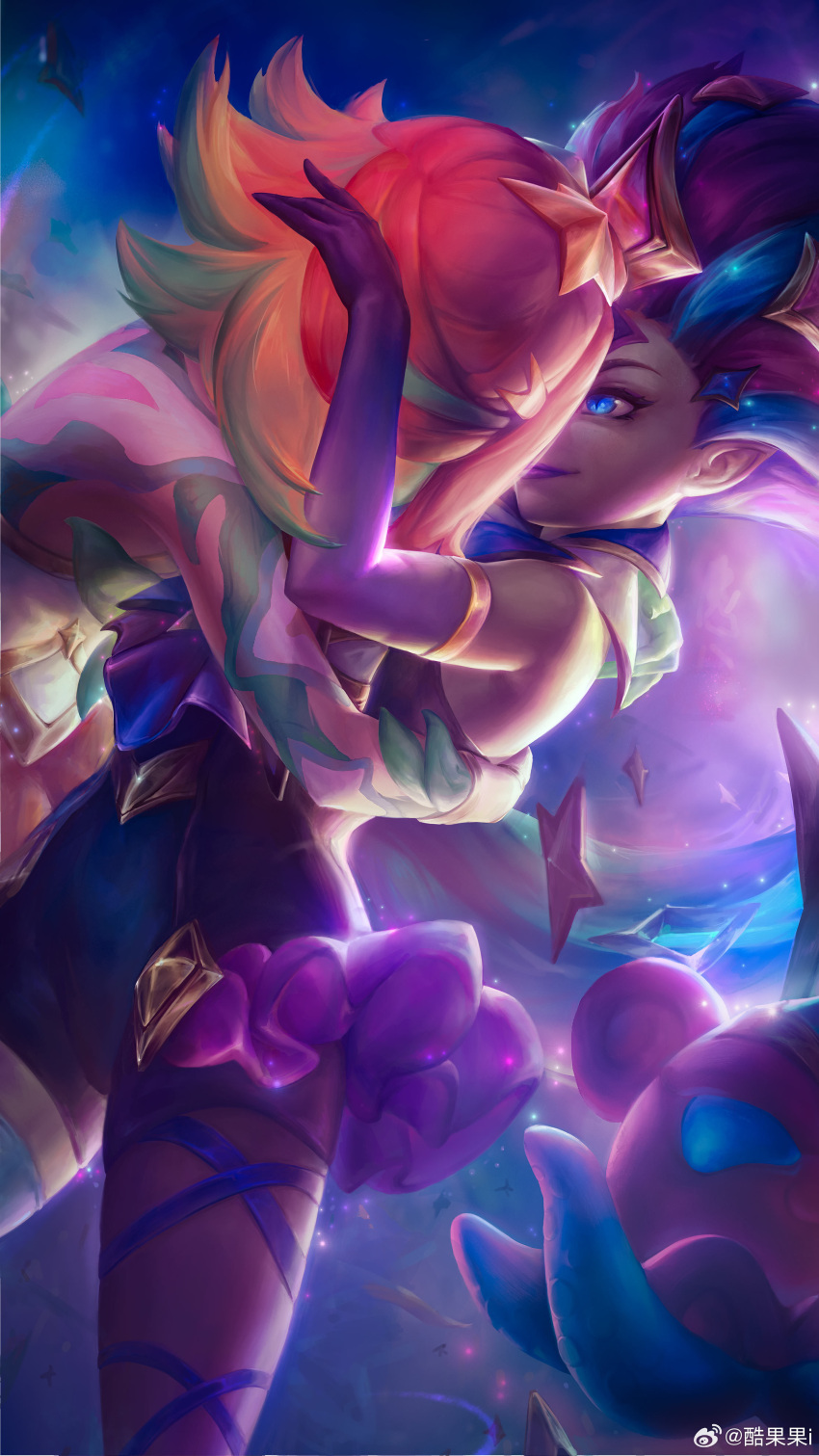 2girls absurdres artist_name blue_brooch blue_eyes blue_hair chinese_commentary closed_mouth cowboy_shot elbow_gloves gloves green_hair highres hug kuguoguoi league_of_legends lipstick long_hair makeup multicolored_hair multiple_girls neeko_(league_of_legends) official_alternate_costume official_alternate_hairstyle orange_hair outdoors pointy_ears purple_brooch purple_eyes purple_lips short_hair smile standing star_(sky) star_(symbol) star_guardian_(league_of_legends) star_guardian_neeko star_guardian_pet star_guardian_zoe two-tone_hair white_gloves zoe_(league_of_legends)