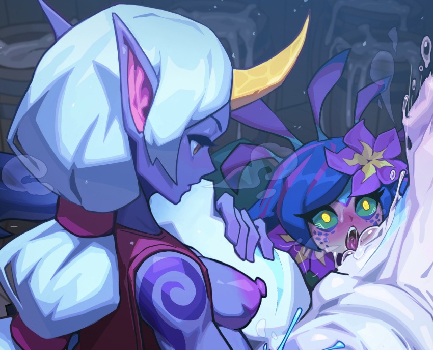 3girls breasts colored_skin cum flower furry furry_female furry_with_furry futa_with_female futanari green_eyes hair_flower hair_ornament highres horns kindred_(league_of_legends) league_of_legends looking_down medium_breasts medium_hair multiple_girls neeko_(league_of_legends) nipples pink_flower pink_hair reagan_long red_shirt sex shiny_skin shirt shoulder_tattoo single_horn soraka_(league_of_legends) tattoo tongue tongue_out white_skin yellow_eyes