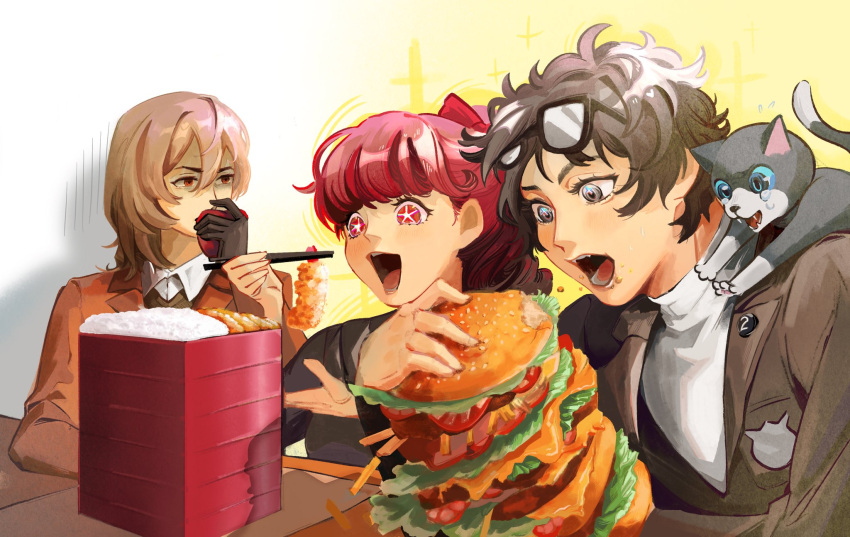 1girl 2boys akechi_gorou amamiya_ren animal_on_shoulder bento black_hair brown_hair burger cat chopsticks depressodium eating eyewear_on_head food glasses highres morgana_(persona_5) multiple_boys open_mouth persona persona_5 persona_5_the_royal red_hair school_uniform shrimp shrimp_tempura shuujin_academy_school_uniform smile sparkling_eyes star-shaped_pupils star_(symbol) symbol-shaped_pupils table tears tempura yoshizawa_kasumi