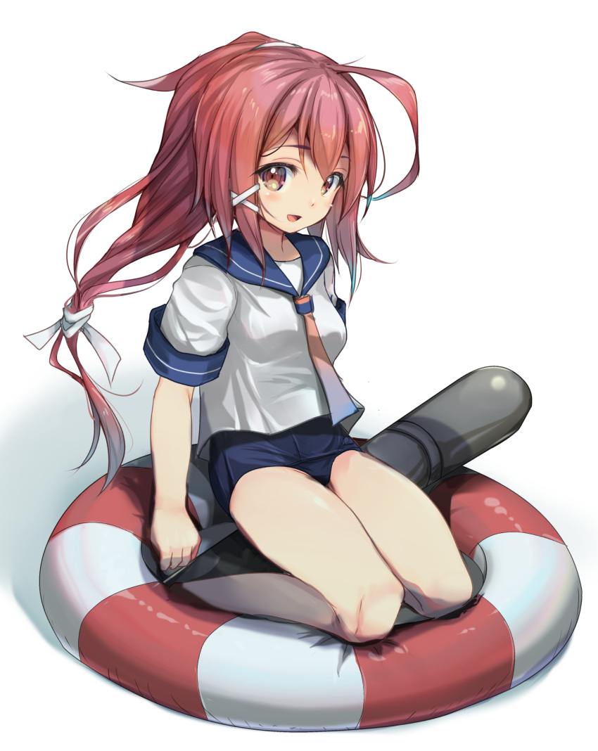 1girl absurdres ahoge blush breasts hair_ornament hair_ribbon highres i-168_(kancolle) kantai_collection long_hair one-piece_swimsuit open_mouth ponytail red_eyes red_hair ribbon school_swimsuit school_uniform serafuku simple_background sitting small_breasts smile solo swimsuit swimsuit_under_clothes torpedo tri_tails white_background yashin_(yasinz)