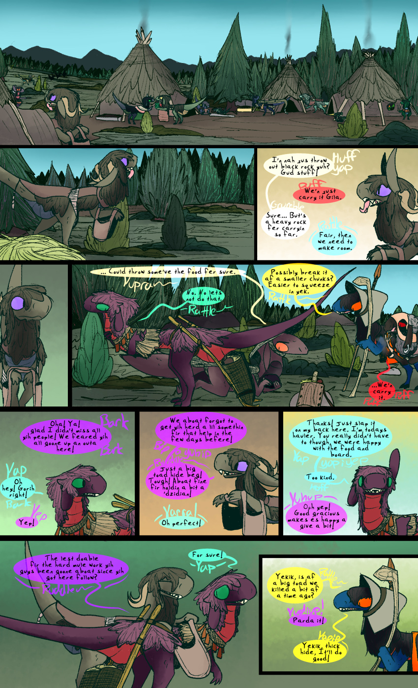 absurd_res club_(weapon) comic dialogue dinosaur dragon dragonscape drekir dromaeosaurid female feral forest forl_(thepatchedragon) gila_(thepatchedragon) hi_res hiker_(thepatchedragon) jat_(thepatchedragon) male melee_weapon plant polearm post-apocalyptic reptile scalie spear text thepatchedragon theropod travois tree village weapon