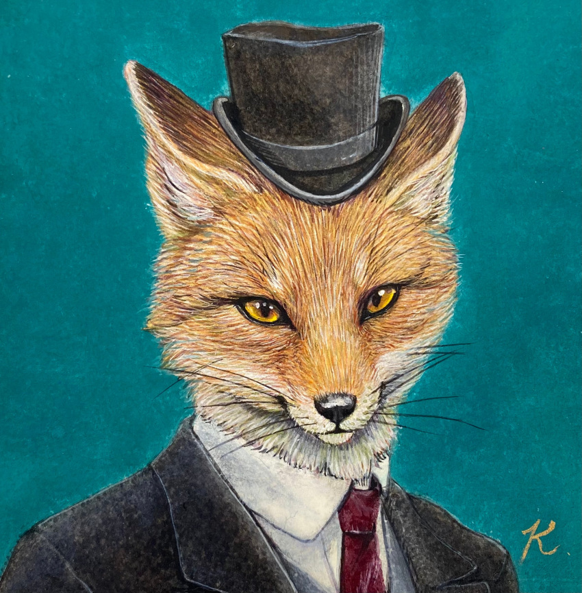 absurd_res accessory anthro black_nose canid canine clothing dipstick_ears formal formal_wear fox fur hat headgear headshot_portrait headwear hi_res icon kaho_nishikawa male mammal multicolored_ears necktie painting_(artwork) portrait realistic_fur red_fox simple_background solo suit_jacket teal_background top_hat traditional_media_(artwork) whiskers white_body white_fur yellow_eyes