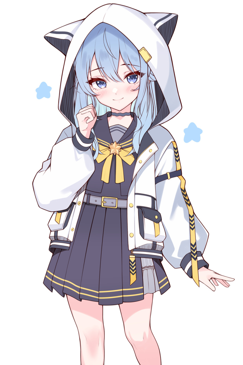 1girl amaki_daisuke animal_hood black_sailor_collar black_serafuku black_skirt blue_eyes blue_hair blush clenched_hand closed_mouth commentary_request feet_out_of_frame grey_choker hand_up highres hololive hood hood_up hooded_jacket hoshimachi_suisei jacket long_hair long_sleeves looking_at_viewer open_clothes open_jacket pleated_skirt sailor_collar school_uniform serafuku simple_background skirt smile solo standing star_(symbol) virtual_youtuber white_background white_jacket