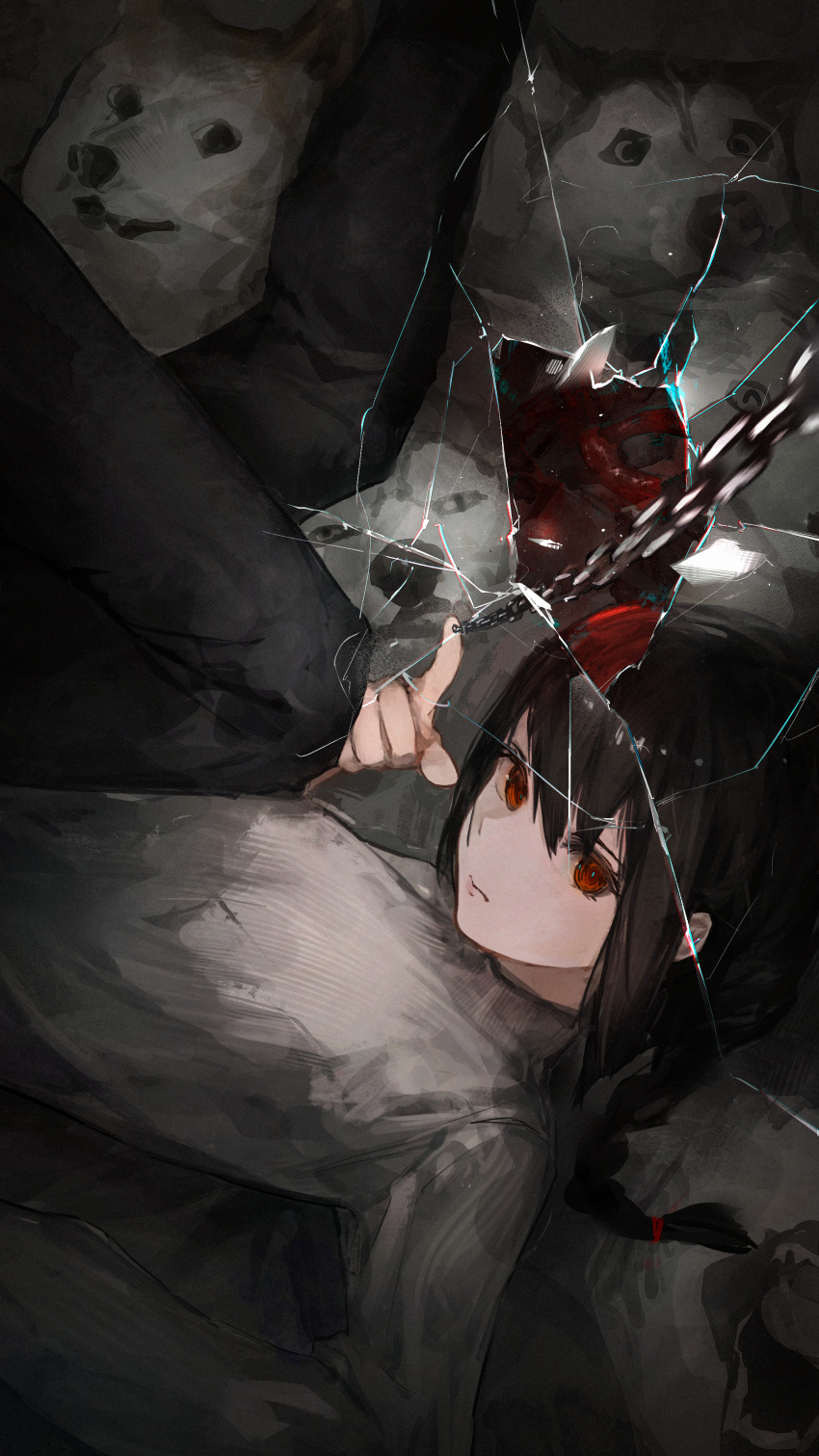 1girl absurdres black_hair black_pants braid braided_ponytail brown_eyes chain chainsaw_man closed_mouth cracked_glass dog doge feet_out_of_frame fourth_wall greedice grey_sweater highres intestines legs_up looking_at_viewer lying makima_(chainsaw_man) medium_hair nayuta_(chainsaw_man) on_back pants red_eyes ringed_eyes sidelocks sweater