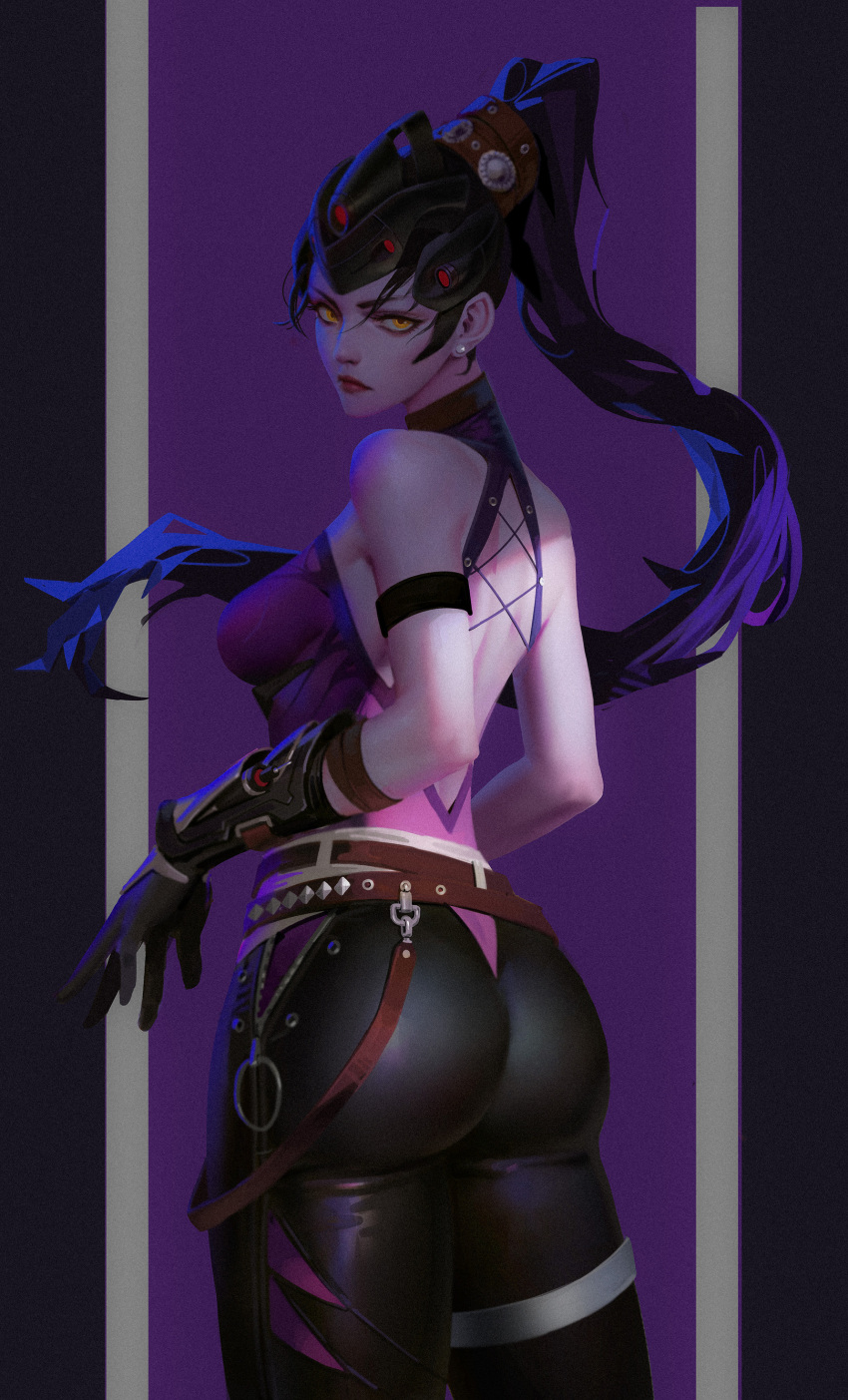 1girl absurdres ass backless_outfit belt colored_skin earrings ericga from_behind gloves hair_pulled_back head-mounted_display highres jewelry leather leather_pants lipstick long_hair looking_at_viewer makeup overwatch pants purple_hair purple_lips purple_skin simple_background stud_earrings widowmaker_(overwatch) yellow_eyes