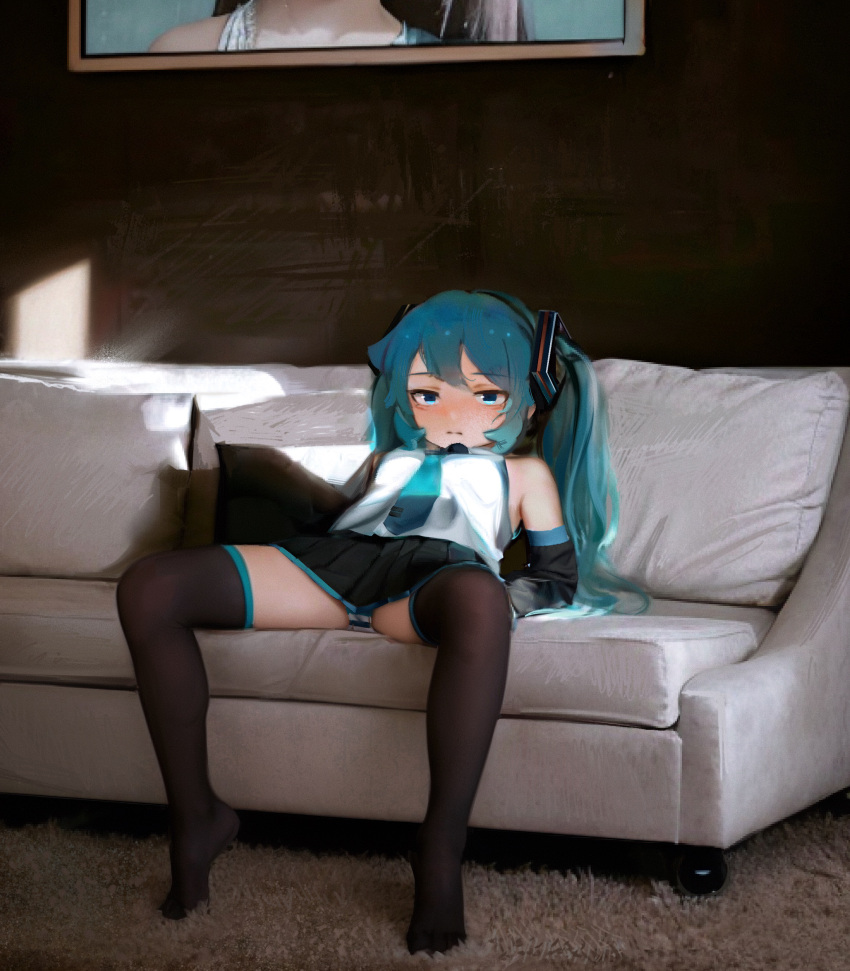 1girl absurdres ai-assisted aqua_hair aqua_necktie aqua_panties arm_support bare_shoulders black_skirt black_sleeves black_thighhighs blue_eyes blush carpet closed_mouth commentary couch detached_sleeves english_commentary full_body hair_ornament hatsune_miku highres indoors leaning_back legs long_hair long_sleeves looking_at_viewer miniskirt necktie no_shoes panties pantyshot pleated_skirt shirt sidelocks sitting skirt sleeveless sleeveless_shirt slouching solo spread_legs striped striped_panties sweetonedollar thighhighs thighs twintails underwear vocaloid white_panties white_shirt