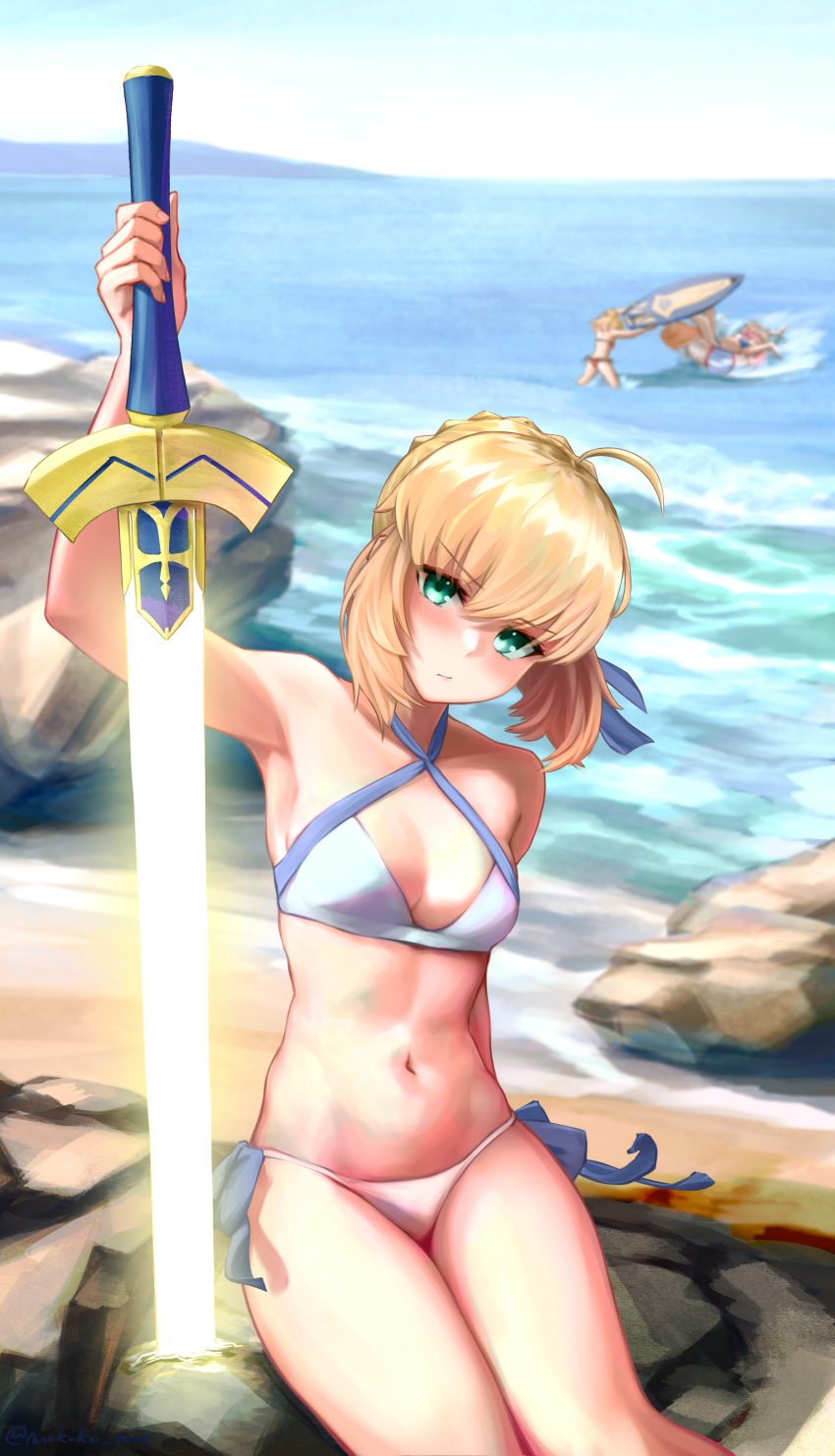 3girls absurdres ahoge animal_ears artoria_pendragon_(fate) artoria_pendragon_(swimsuit_archer)_(fate) beach bikini blue_bikini blue_ribbon blush braid breasts cleavage commentary english_commentary excalibur_(fate/stay_night) fate/grand_order fate_(series) floating_hair fox_ears fox_girl fox_tail french_braid glowing glowing_sword glowing_weapon green_eyes hair_ribbon hat highres holding holding_surfboard holding_sword holding_weapon innertube mokuka_noe mordred_(fate) mordred_(swimsuit_rider)_(fate) multiple_girls navel ocean on_rock outdoors pink_hair red_bikini ribbon sand short_hair sitting sitting_on_rock sky small_breasts stomach straw_hat surfboard swimsuit sword tail tamamo_(fate) tamamo_no_mae_(swimsuit_lancer)_(fate) water weapon white_bikini