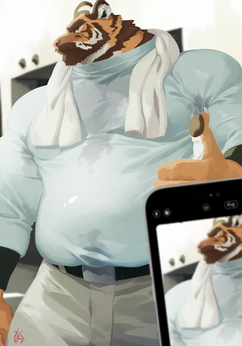 2023 absurd_res amber_eyes anthro apple_inc. belly belt biped bottomwear brown_body brown_fur cellphone clothed clothing digital_media_(artwork) eyebrows felid fully_clothed fur gaoemon3 gesture glistening glistening_eyes hi_res iphone male mammal orange_body orange_fur overweight overweight_anthro overweight_male pantherine pants phone pink_nose pose shirt small_head smartphone solo thumbs_up tiger topwear towel towel_around_neck
