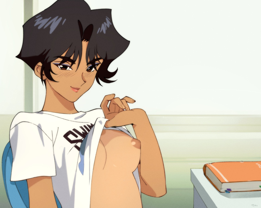 1girl black_eyes black_hair blue_eyeshadow breasts commentary dark-skinned_female dark_skin english_commentary eyeshadow flashing golden_boy hayami_ayuko highres looking_at_viewer makeup medium_breasts nipples optionaltypo retro_artstyle shirt short_hair solo t-shirt