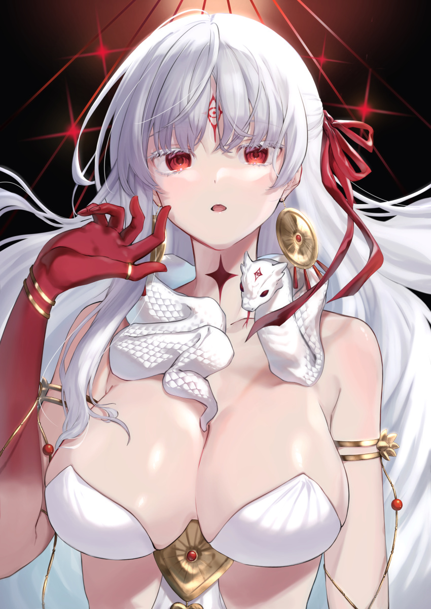 1girl absurdres armlet bare_shoulders body_markings bracelet breasts cleavage collarbone colored_skin durga_(fate) earrings facial_mark fate/grand_order fate_(series) forehead_mark gradient_skin grey_hair hair_ribbon highres hijiri_(sacra_0419) jewelry large_breasts long_hair looking_at_viewer open_mouth red_eyes red_skin revealing_clothes ribbon snake solo thumb_ring very_long_hair