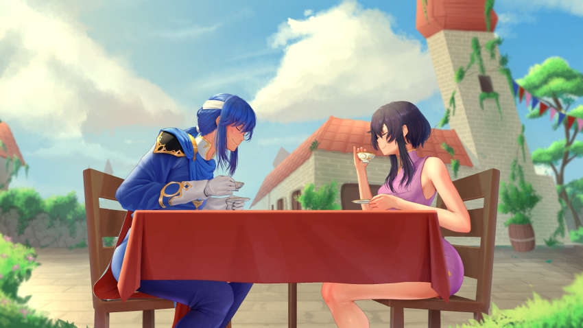 1boy 1girl absurdres assertive_female bad_source bare_legs barefoot black_hair blue_hair cape closed_eyes commission commissioner_upload cup dagudr daguyadraws drinking feet fire_emblem fire_emblem:_genealogy_of_the_holy_war fire_emblem_heroes footjob footjob_under_table gloves hetero highres holding holding_cup holding_saucer larcei_(fire_emblem) legs nervous nervous_smile nervous_sweating outdoors penis plate ponytail public_indecency saucer seliph_(fire_emblem) sex smile stealth_footjob stealth_sex sweat tea teacup tomboy