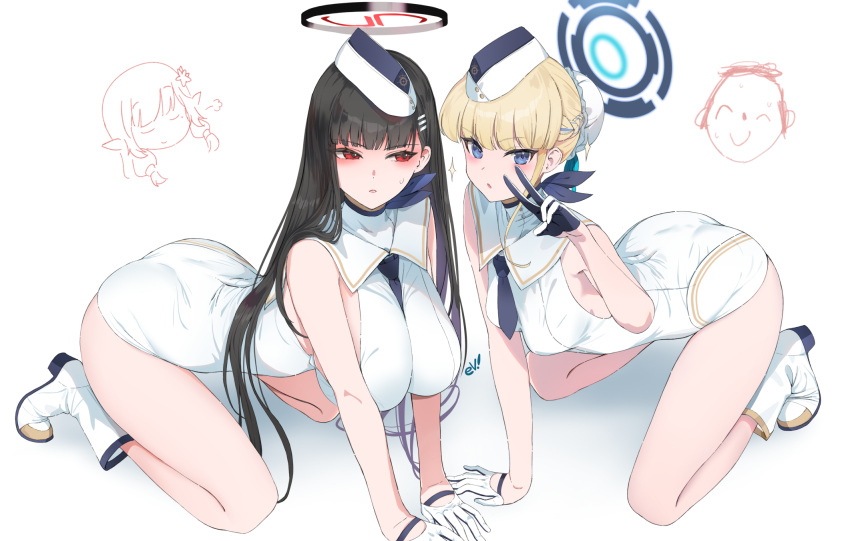 2girls all_fours ascot ass black_hair blonde_hair blue_archive blue_eyes boots breasts breasts_squeezed_together ev_(dai00888) gloves hair_bun half_gloves halo hanging_breasts hat highres large_breasts leotard long_hair looking_at_viewer matching_outfit multiple_girls red_eyes rio_rollins sailor_collar sideboob simple_background single_hair_bun toki_(blue_archive) tsurime white_background