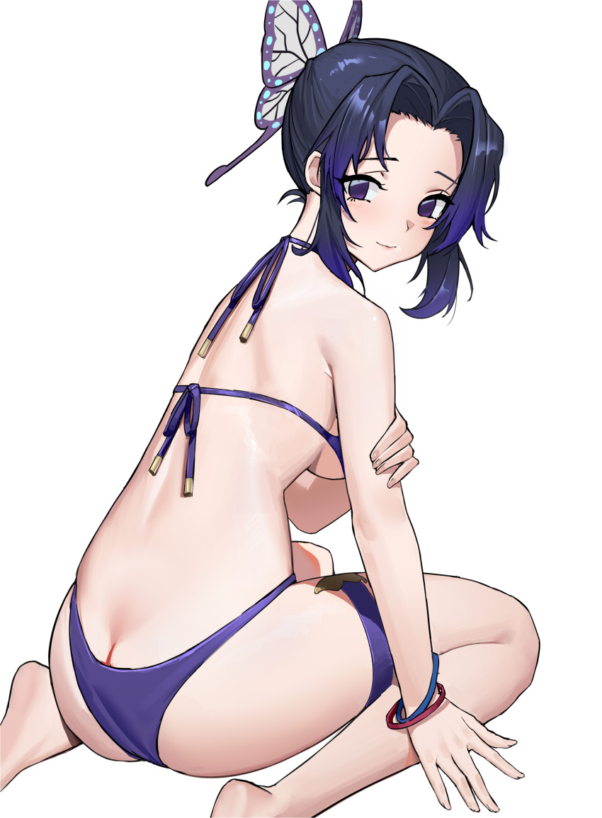 1girl absurdres ass barefoot bikini black_bikini black_hair blush breasts butt_crack butterfly_hair_ornament closed_mouth from_behind gradient_hair hair_ornament hand_on_own_arm highres kimetsu_no_yaiba kochou_shinobu large_breasts looking_at_viewer looking_back multicolored_hair northman purple_eyes purple_hair short_hair sidelocks simple_background sitting smile solo swimsuit thigh_strap underboob wariza white_background wristband