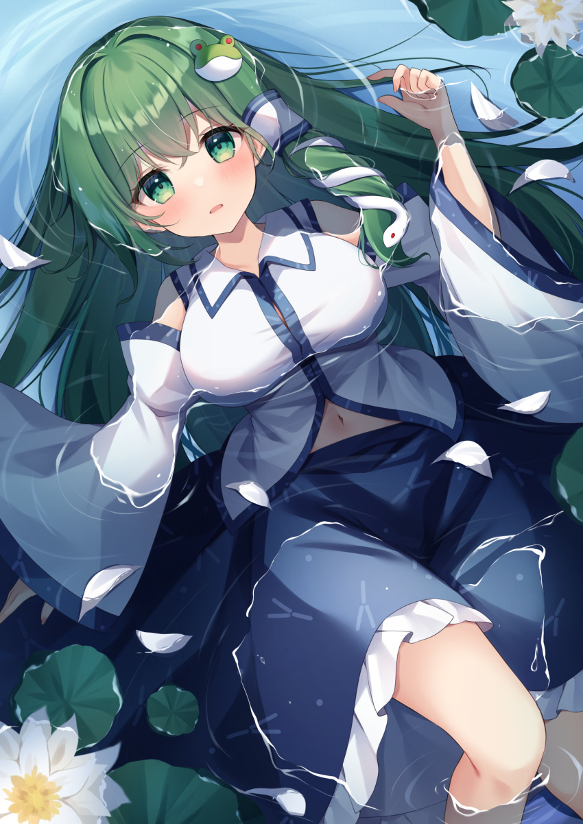 1girl bare_shoulders blue_skirt blush breasts detached_sleeves flower frog_hair_ornament green_eyes green_hair hair_between_eyes hair_ornament hair_tubes highres japanese_clothes kochiya_sanae large_breasts long_hair looking_at_viewer lying lying_on_water miy@ navel nontraditional_miko open_mouth skirt snake_hair_ornament solo touhou water white_flower white_sleeves wide_sleeves