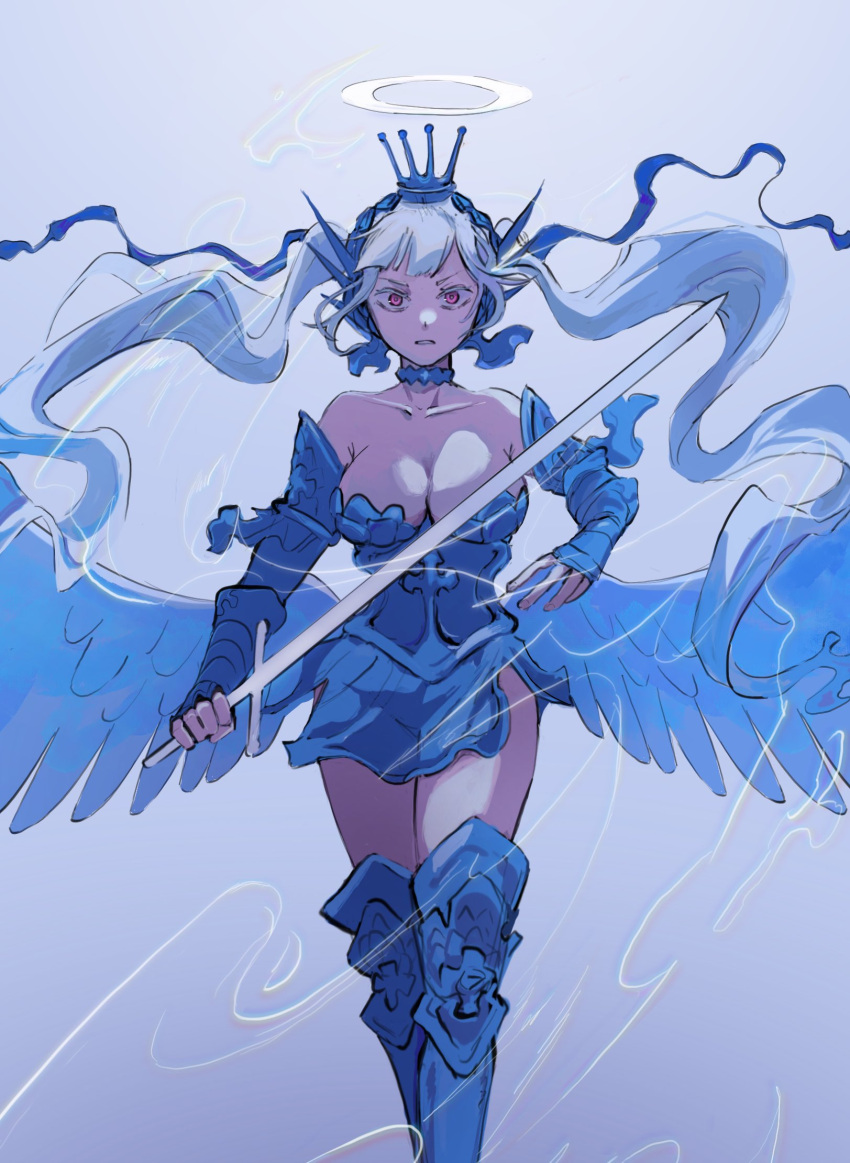 1girl armor armored_boots armored_dress black_clover blue_choker blue_wings boots breasts choker cleavage crown gauntlets grey_hair halo highres long_hair looking_at_viewer low_twintails noelle_silva parted_lips pink_eyes poonwip solo twintails valkyrie water_wings wings