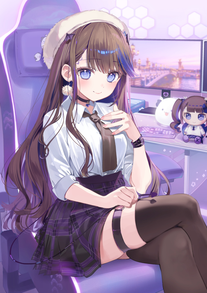 1girl a20_(atsumaru) airi_kanna blush bracelet breasts brown_hair brown_necktie brown_thighhighs chair character_doll closed_mouth collared_shirt computer crossed_legs demon_girl demon_tail desk dot_nose earrings feet_out_of_frame gaming_chair hand_on_own_chest hand_on_own_leg head_wings high-waist_skirt highres jewelry keyboard_(computer) long_bangs long_hair long_sleeves looking_at_viewer medium_breasts monitor necktie o-ring o-ring_thigh_strap plaid plaid_skirt pleated_skirt pom_pom_(clothes) pom_pom_earrings purple_skirt raised_eyebrows school_uniform shirt shirt_tucked_in sidelocks sitting skirt sleeves_rolled_up smile solo stellive straight_hair swivel_chair tail tented_shirt thigh_strap thighhighs thighs virtual_youtuber white_shirt wings