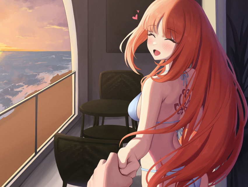 1boy 1girl :d ^_^ ass back_tattoo balcony bare_shoulders bikini blue_bikini breasts chair closed_eyes cloud genshin_impact hetero highres holding_hands long_hair medium_breasts nilou_(genshin_impact) open_mouth sky smile solo_focus sp123 swimsuit table tattoo