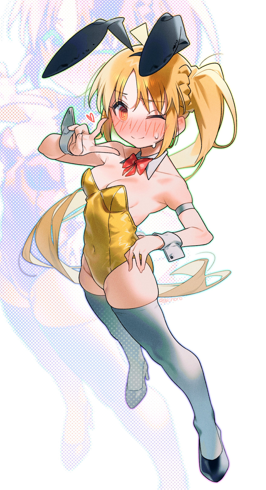 1girl @_@ absurdres animal_ears blonde_hair blush bocchi_the_rock! bow bowtie breasts covered_navel detached_collar embarrassed fake_animal_ears high_heels highres ijichi_nijika leotard long_hair one_eye_closed orange_eyes playboy_bunny rabbit_ears red_bow red_bowtie side_ponytail simple_background skindentation small_breasts smile sofa_(enogunomu) solo sweat sweatdrop thighhighs v very_long_hair white_background white_thighhighs wrist_cuffs yellow_leotard
