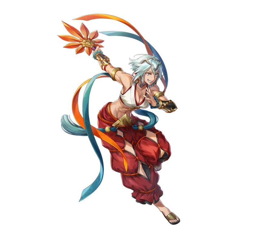 1girl abs armlet attack breasts cleavage dagr_(fire_emblem) dagr_(winds_offered)_(fire_emblem) fire_emblem fire_emblem_heroes grey_hair grin hand_fan medium_breasts midriff muscular muscular_female non-web_source official_alternate_costume official_art paper_fan sandals smile solo tassel teeth tiara uchiwa white_background