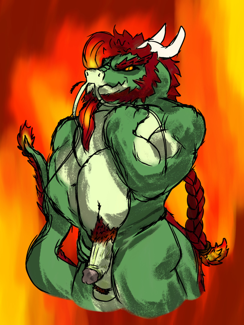 anthro ballistickoko balls beard belly big_butt body_hair braided_hair braided_ponytail breasts butt dragon eastern_dragon facial_hair fire flaccid flaming_hair genitals green_body green_scales hair hairy_balls hi_res horn male muscular muscular_anthro muscular_arms muscular_male penis ponytail pseudo_hair pubes rex(dragon)_(ballistickoko) scales sideburns solo tail thick_arms thick_penis thick_thighs vein veiny_penis wide_hips