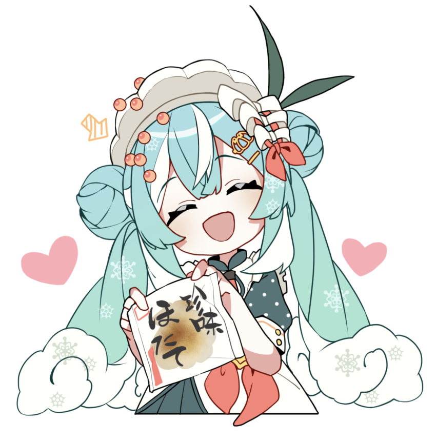 1girl aburi_iwashi aqua_hair aqua_sleeves arrow_(symbol) bag bow bowtie closed_eyes commentary_request crab_hair_ornament cropped_torso double_bun facing_viewer food-themed_hair_ornament frilled_shirt frills green_ribbon hair_bun hair_ornament hair_ribbon hairclip hatsune_miku heart highres holding holding_bag ikura_(food) long_hair necktie pink_bow pink_bowtie pink_necktie pink_ribbon polka_dot_sleeves ribbon scallop shirt short_necktie short_sleeves snowflake_print solo very_long_hair vocaloid wavy_hair white_background white_hair white_headwear white_ribbon yuki_miku