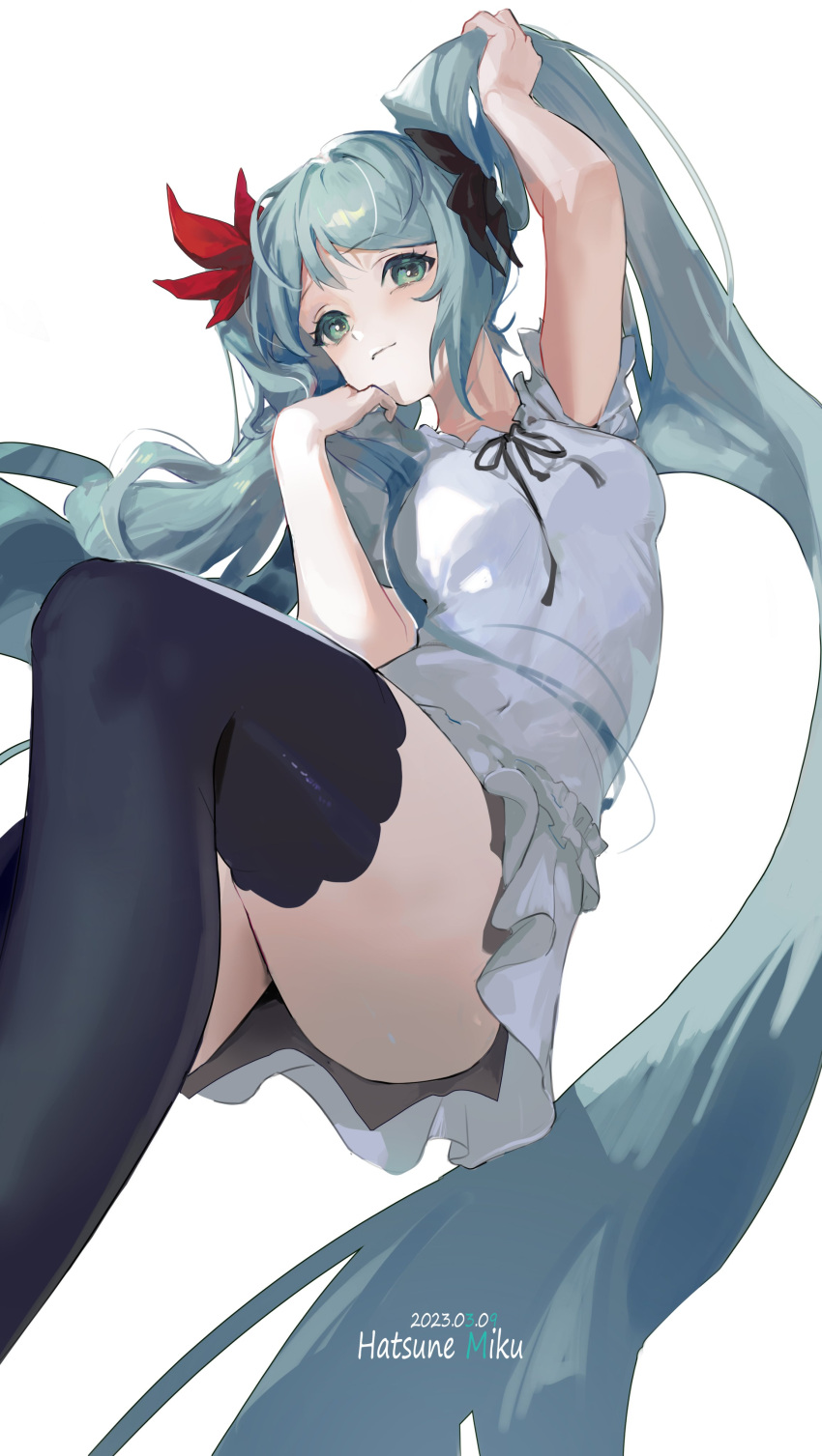 1girl absurdres aqua_eyes aqua_hair arm_up black_ribbon black_thighhighs breasts character_name closed_mouth dated dress hair_ribbon hatsune_miku highres long_hair looking_at_viewer medium_breasts red_ribbon ribbon short_sleeves simple_background solo thighhighs twintails very_long_hair vocaloid white_background white_dress world_is_mine_(vocaloid) wumumu