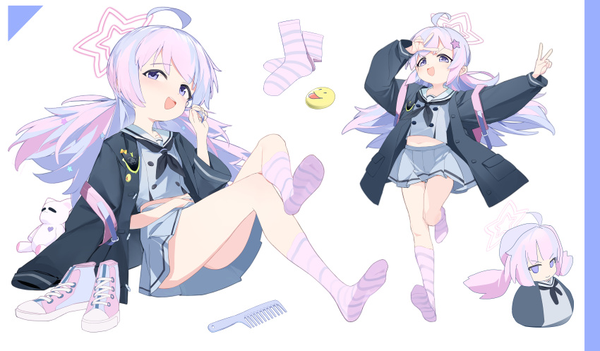 1girl absurdres ahoge ass backpack bag black_jacket black_neckerchief blue_archive blush comb double_bun feet foreshortening grey_serafuku grey_skirt hair_bun hair_ornament halo highres jacket legs long_hair long_sleeves meng_ge_3_(565571710) multicolored_hair multiple_views navel neckerchief no_shoes open_clothes open_jacket open_mouth pink_hair pink_halo pink_socks pleated_skirt purple_hair reisa_(blue_archive) sailor_collar school_uniform serafuku shoes skirt smile socks soles star_(symbol) star_hair_ornament striped striped_socks toes twintails unworn_shoes white_sailor_collar