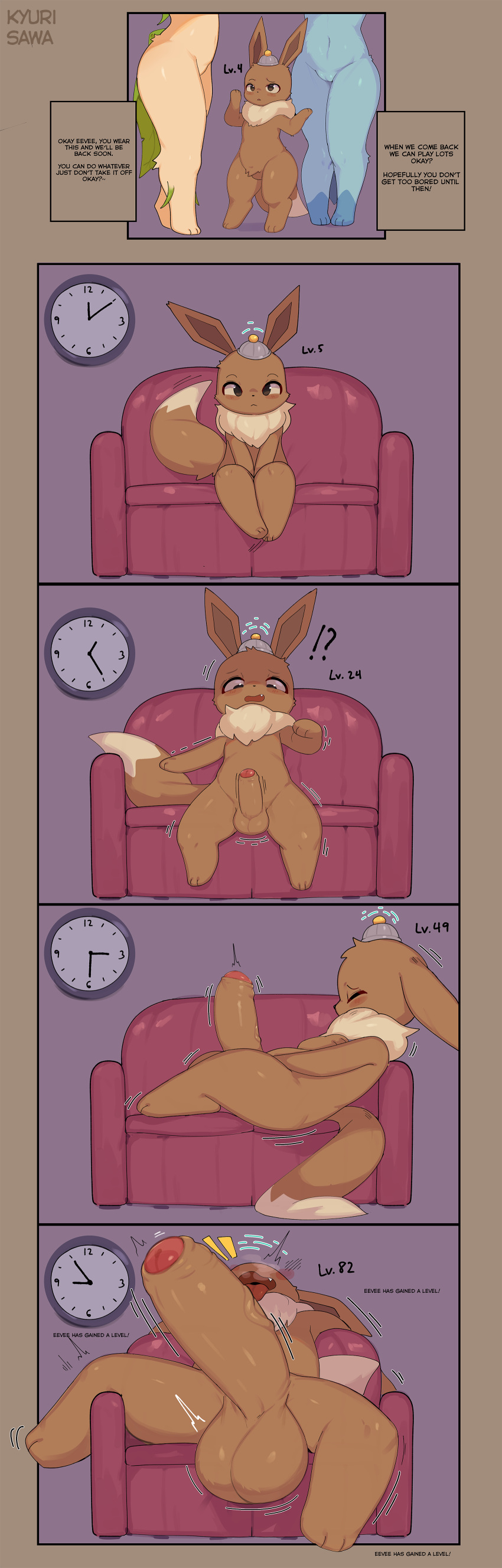 absurd_res anthro balls_expansion big_penis biped blush body_size_growth brown_body brown_fur comic detailed_background dialogue eevee eeveelution english_text erection exclamation_point expansion fur generation_1_pokemon generation_4_pokemon genital_expansion genital_growth genitals glaceon group growth hi_res huge_penis hyper hyper_genitalia hyper_penis kyurisawa leafeon male nintendo open_mouth penis penis_expansion penis_growth pokemon pokemon_(species) question_mark sitting size_transformation tan_body tan_fur text transformation trio