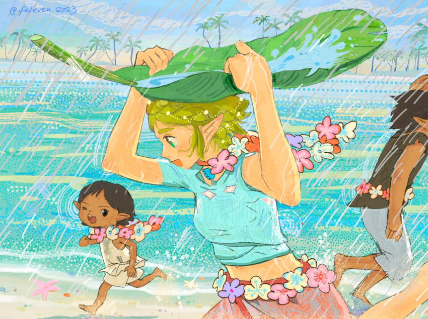 1girl 2others arms_up beach black_eyes black_hair black_tunic blonde_hair blue_eyes blue_shirt child coconut_tree feleven flower flower_necklace green_eyes highres holding leaf_umbrella multiple_others one_eye_closed open_mouth palm_tree pants pointy_ears princess_zelda print_sarong rain running sarong shirt short_hair smile starfish the_legend_of_zelda the_legend_of_zelda:_tears_of_the_kingdom tree tunic white_pants