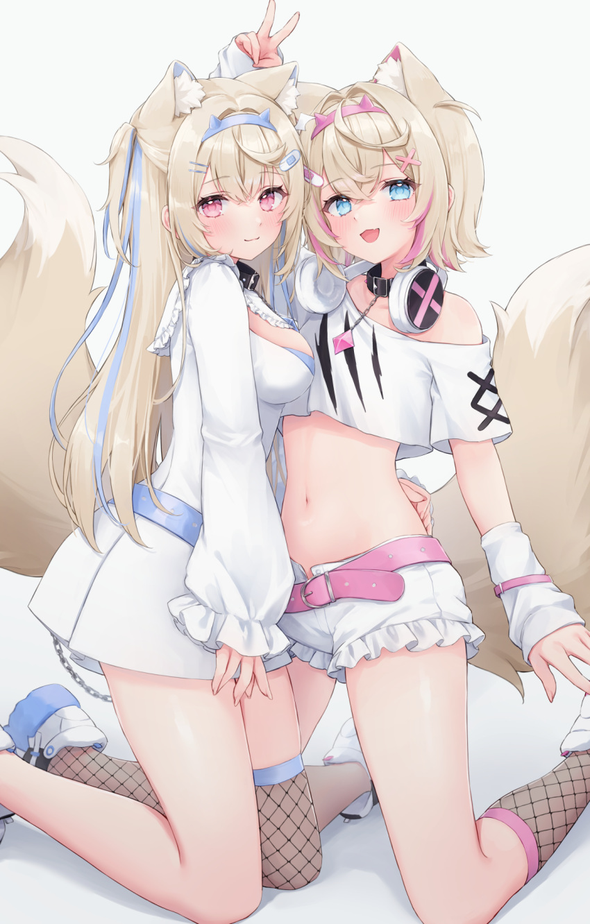 2girls animal_ears bare_shoulders belt black_choker blue_eyes breasts choker closed_mouth crop_top crop_top_overhang dog_ears dog_girl dog_tail fishnet_socks fishnet_thighhighs fishnets frilled_shorts frills from_side fuwawa_abyssgard hairband hand_on_another's_waist headphones headphones_around_neck highres hololive hug kneehighs kneeling long_hair long_sleeves looking_at_viewer looking_to_the_side medium_breasts midriff miniskirt mococo_abyssgard multicolored_hair multiple_girls navel off_shoulder one_side_up open_fly open_mouth pink_eyes pleated_skirt shano_hiyori shirt shoes short_hair short_shorts short_sleeves shorts single_kneehigh single_sock single_thighhigh skirt smile sneakers socks stomach streaked_hair tail thighhighs thighs virtual_youtuber white_shirt white_shorts white_skirt
