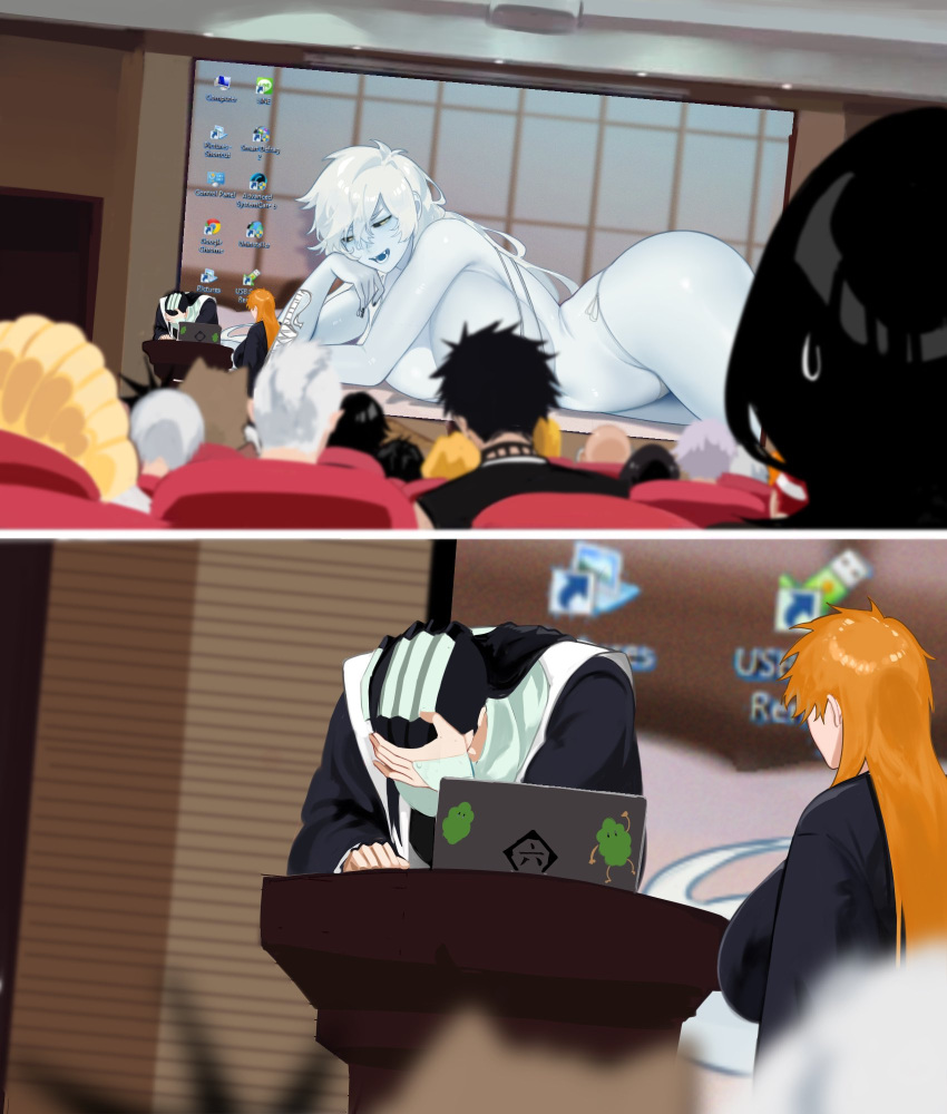 accident black_hair bleach blonde_hair breasts character_request computer facepalm from_behind genderswap genderswap_(mtf) gigantic_breasts highres huge_breasts indoors laptop long_hair meme open_mouth orange_hair presentation presentation_gone_wrong_(meme) short_hair very_long_hair white_hair ze_(k4onozeda04)