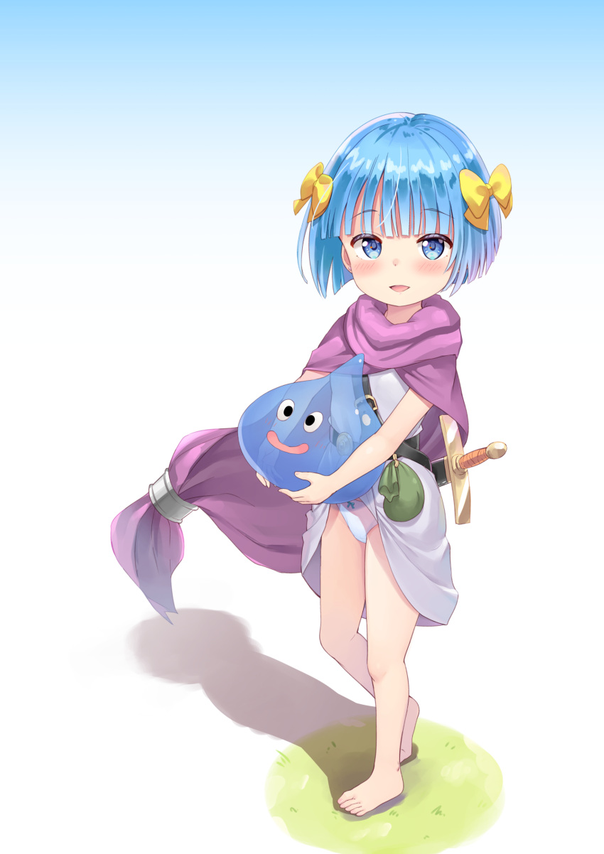 1girl 1other absurdres barefoot belt_pouch blue_eyes blue_hair blunt_bangs blush bow bow_panties breasts cape child clothes_lift commentary_request dragon_kid_(dragon_quest) dragon_quest dress dress_lift ear_piercing female_child full_body green_bow hair_bow hero's_daughter_(dq5) highres lifted_by_self paid_reward_available panties piercing pink_panties pouch purple_cape red_bow short_hair slime_(creature) slime_(dragon_quest) small_breasts solo standing sword tenjou_ryuka toes underwear weapon white_dress