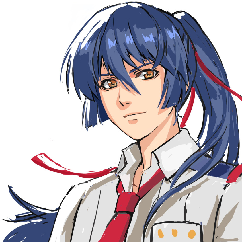 1boy blue_hair brown_eyes collared_shirt floating_hair hair_between_eyes hair_ribbon highres macross macross_frontier male_focus necktie nekkikamille ponytail portrait red_necktie red_ribbon ribbon saotome_alto school_uniform shirt simple_background smile solo white_background