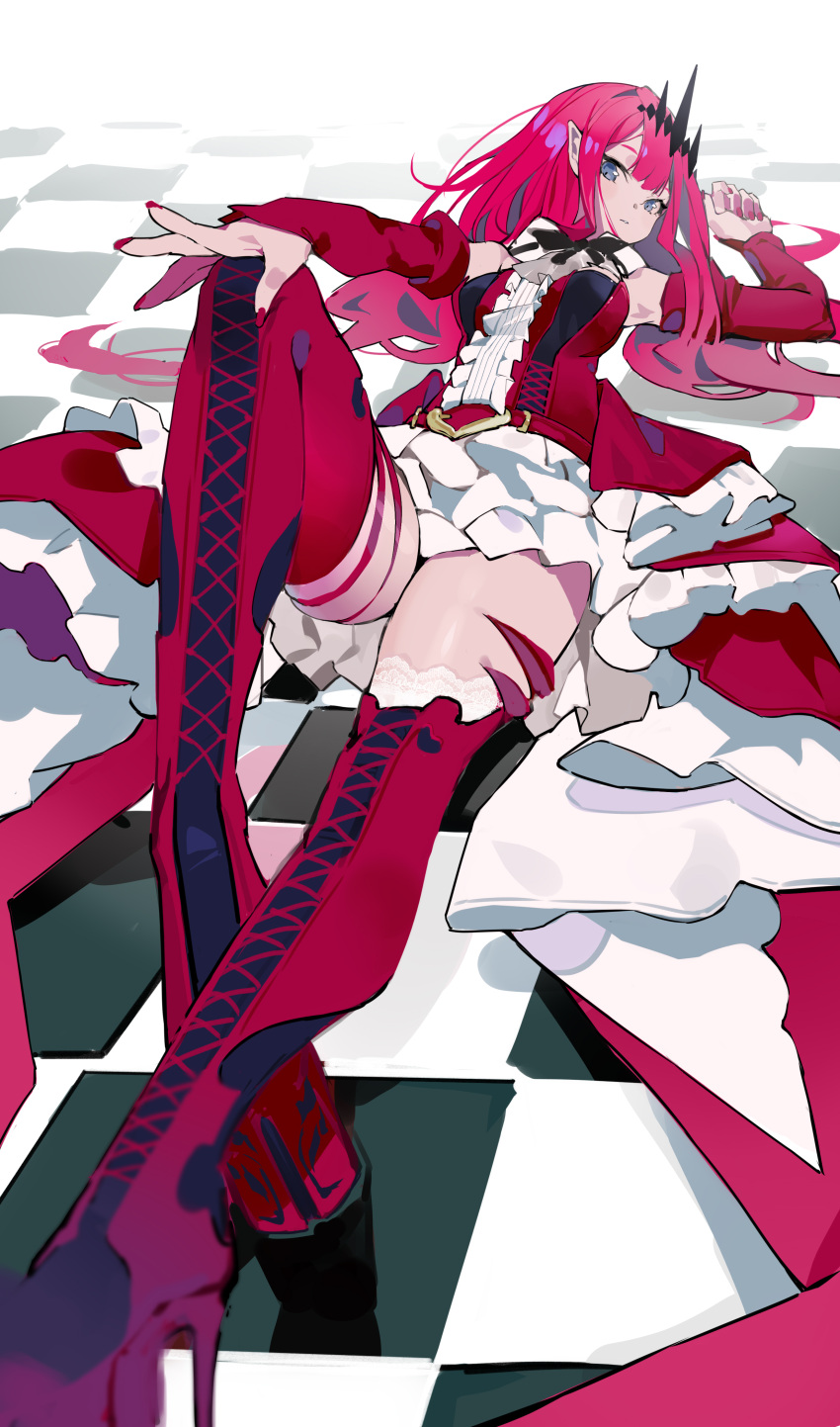 1girl absurdres baobhan_sith_(fate) baobhan_sith_(first_ascension)_(fate) boots bow breasts checkered_floor closed_mouth detached_sleeves dress fate/grand_order fate_(series) frilled_dress frills grey_eyes hair_ornament hand_on_own_knee hand_up highres knee_up long_hair looking_at_viewer lying mo_(this-is-mo) nail_polish on_back on_floor pink_hair platform_footwear platform_heels pointy_ears red_dress red_nails sidelocks solo thigh_boots thighs