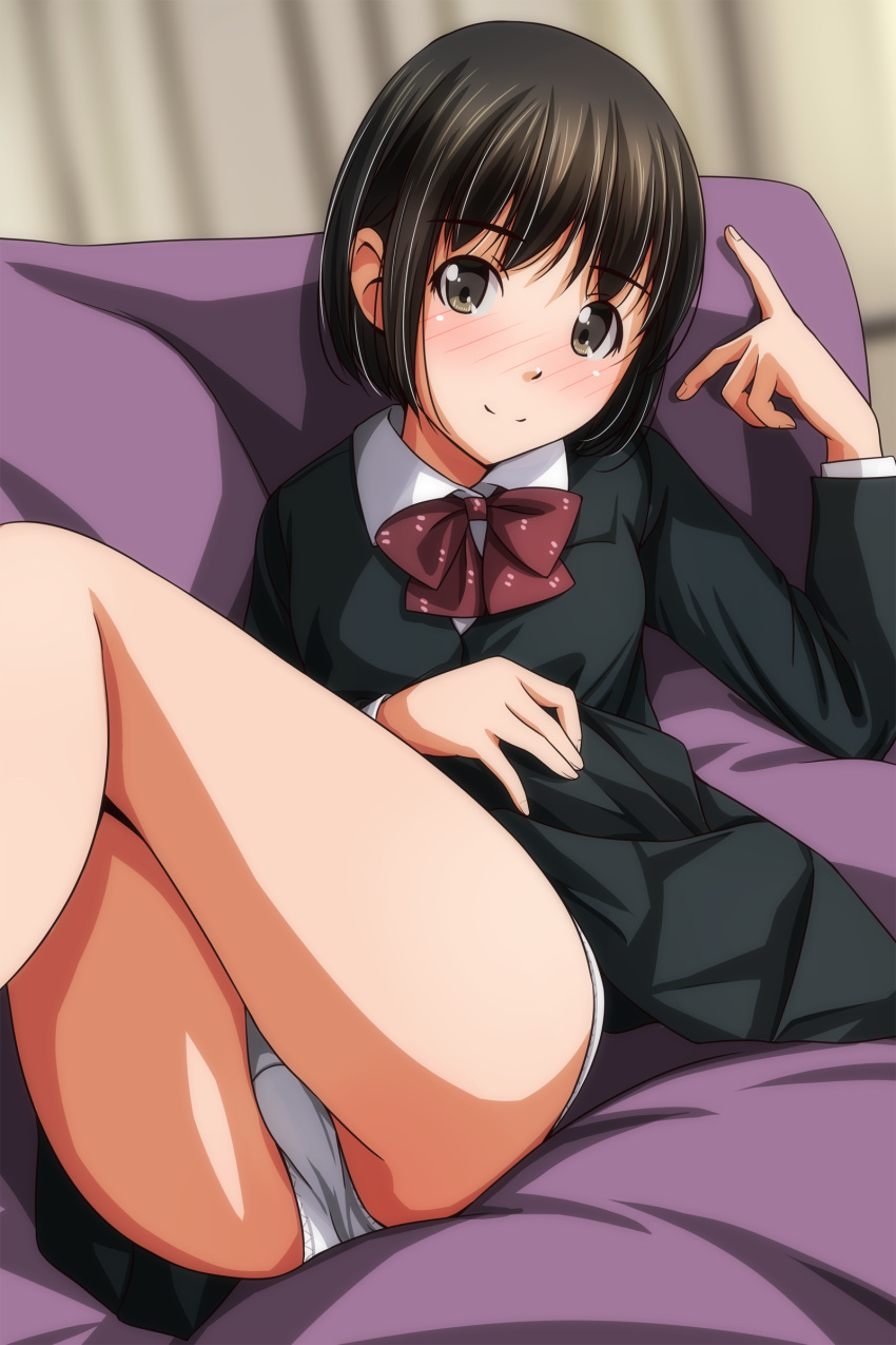 1girl absurdres ass bare_legs black_dress black_hair blurry blurry_background bow bowtie brown_hair closed_mouth collared_shirt couch dress highres indoors knees_up long_sleeves looking_at_viewer lying matsunaga_kouyou original panties red_bow red_bowtie school_uniform shirt short_hair sitting smile solo thighs underwear white_panties white_shirt