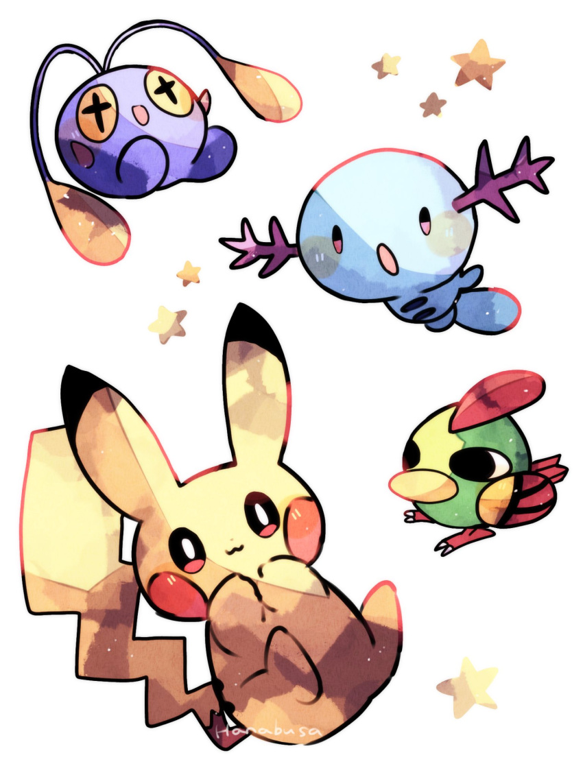 :3 :d :o animal_focus antennae beak bird blue_skin chinchou colored_skin commentary_request hanabusaoekaki highres natu no_humans pikachu pokemon pokemon_(creature) simple_background smile star-shaped_pupils star_(symbol) symbol-shaped_pupils tail white_background wooper yellow_skin