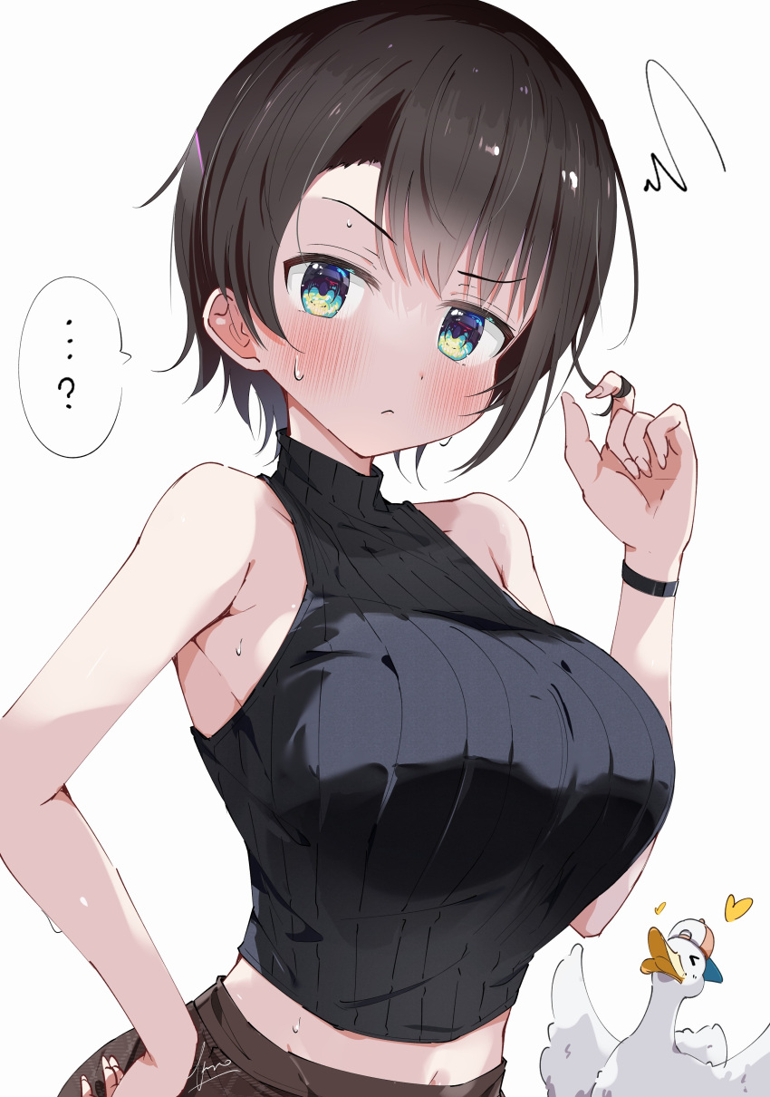 ... 1girl ? absurdres alternate_costume animal aqua_eyes armpit_crease bare_shoulders bird black_sweater blush breasts brown_hair closed_mouth duck hand_on_own_hip heart highres hololive kuno large_breasts looking_at_viewer midriff_peek navel oozora_subaru playing_with_own_hair raised_eyebrow ribbed_sweater short_hair signature simple_background sleeveless sleeveless_sweater sleeveless_turtleneck spoken_ellipsis spoken_question_mark squiggle subaru_duck sweater turtleneck turtleneck_sweater upper_body virtual_youtuber white_background wristband