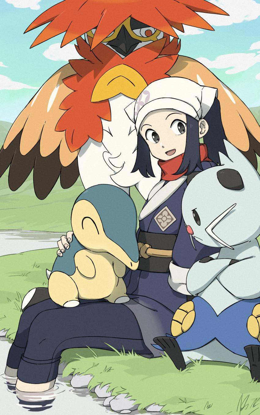 1girl :d absurdres akari_(pokemon) black_hair cloud commentary_request cyndaquil day decidueye dewott grass grey_eyes head_scarf highres jacket leggings long_hair open_mouth outdoors pokemon pokemon_(creature) pokemon_(game) pokemon_legends:_arceus ponytail red_scarf same_(autphickez) sash scarf sidelocks sitting skirt sky smile soaking_feet water white_headwear