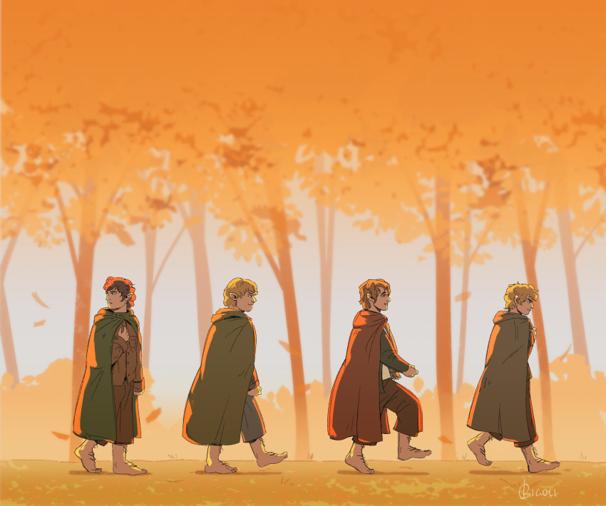4boys absurdres autumn autumn_leaves barefoot bigolialragu blonde_hair brown_hair cape commentary english_commentary forest frodo_baggins hand_on_own_chest highres hobbit looking_ahead looking_back meriadoc_brandybuck multiple_boys nature outdoors peregrin_took samwise_gamgee short_hair smile the_lord_of_the_rings tolkien's_legendarium walking