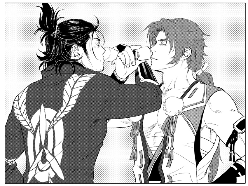 armlet bara choko_(cup) choputy closed_eyes commentary_request crossed_arms_drinking cup drinking facial_hair half-closed_eyes halftone halftone_background high_ponytail holding holding_cup long_hair monochrome monochrome_background nihongou_(touken_ranbu) pectorals ponytail screentones shirt sideburns sleeveless sleeveless_shirt stubble tonbokiri_(touken_ranbu) touken_ranbu