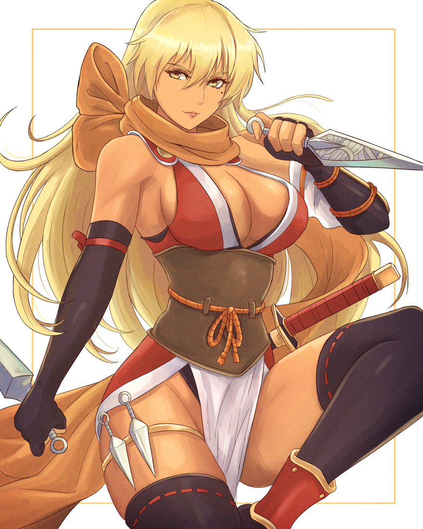 1girl absurdres bare_shoulders black_gloves black_thighhighs blonde_hair breasts cleavage commentary_request dual_wielding elbow_gloves fire_emblem fire_emblem:_the_binding_blade fire_emblem_heroes gloves hair_between_eyes highres holding holding_weapon igrene_(fire_emblem) japanese_clothes katana kimono kunai large_breasts long_hair looking_at_viewer mole mole_under_eye orange_scarf pelvic_curtain red_kimono reverse_grip scarf sleeveless sleeveless_kimono smile solo sword thighhighs thighs truejekart very_long_hair weapon white_background yellow_eyes