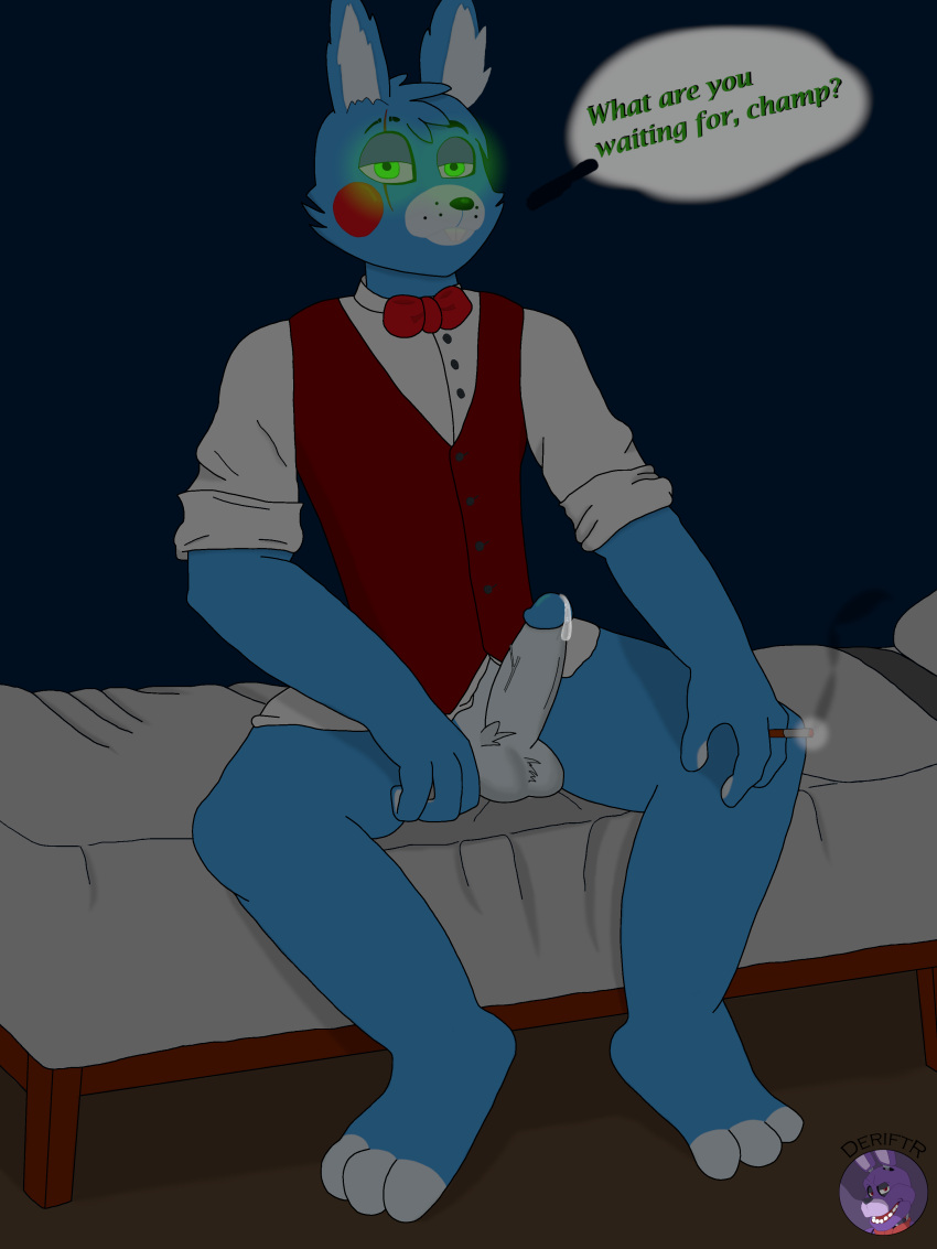 absurd_res bed bedroom blue_body bodily_fluids bow_tie cigarette clothing deriftr erection five_nights_at_freddy's five_nights_at_freddy's_2 furniture genital_fluids genitals glowing glowing_eyes hi_res lagomorph leporid male mammal penis precum rabbit riftr_(deriftr) scottgames solo topwear vest white_penis