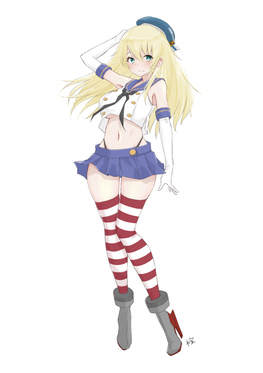 1girl absurdres atago_(cruiser) atago_(kancolle) black_neckerchief black_panties blonde_hair blue_headwear blue_sailor_collar blue_skirt breasts cosplay crop_top elbow_gloves full_body gloves green_eyes highleg highleg_panties highres kantai_collection large_breasts long_hair looking_at_viewer microskirt neckerchief neve_(morris-minicooper) panties sailor_collar salute shimakaze_(kancolle) shimakaze_(kancolle)_(cosplay) simple_background skirt smile solo striped striped_thighhighs thighhighs underwear white_background white_gloves