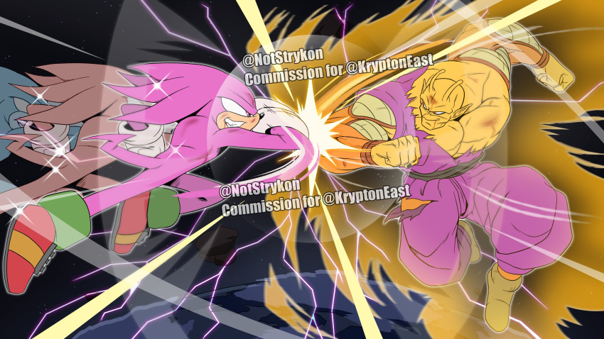 2boys absurdres alien animal_ears animal_nose antennae battle blood character_request colored_skin crossover dougi dragon_ball dragon_ball_super dragon_ball_super_super_hero dragon_ball_z fighting furry furry_male gloves grin highres hyper_knuckles knuckles_the_echidna multiple_boys muscular muscular_male namekian no_eyebrows notstrykon orange_piccolo orange_skin piccolo pink_fur pointy_ears purple_eyes red_eyes red_footwear shoes smile sonic_(series) sonic_mania spiked_gloves super_knuckles tail white_gloves