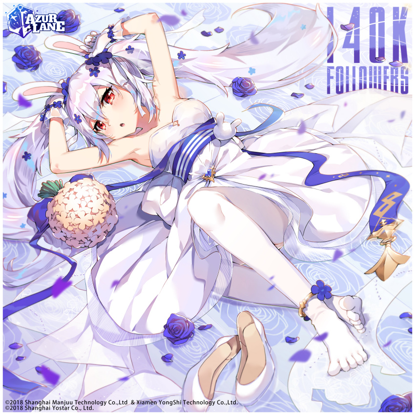 1girl absurdres anklet azur_lane bare_shoulders blue_flower blue_ribbon blue_rose bouquet brown_flower copyright_name dress flower flower_anklet full_body gloves hair_flower hair_ornament high_heels highres jewelry laffey_(azur_lane) laffey_(white_rabbit's_oath)_(azur_lane) long_hair looking_at_viewer lying official_alternate_costume official_art on_back open_mouth pantyhose rabbit_hair_ornament red_eyes ribbon rose second-party_source shoes sleeveless sleeveless_dress solo tsukino_(nakajimaseiki) twintails very_long_hair wedding_dress white_dress white_footwear white_gloves white_hair white_pantyhose